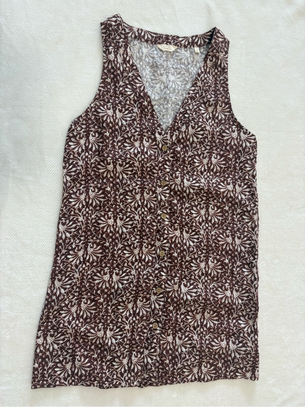 Faherty Brown and Cream Sleeveless Button-Front Tunic 100% linen